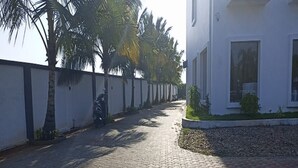 A paved pathway with interlocking tiles, bordered by a low wall with palm trees, leading to a building with large windows. - Daffodil Inn (Kilvelur)