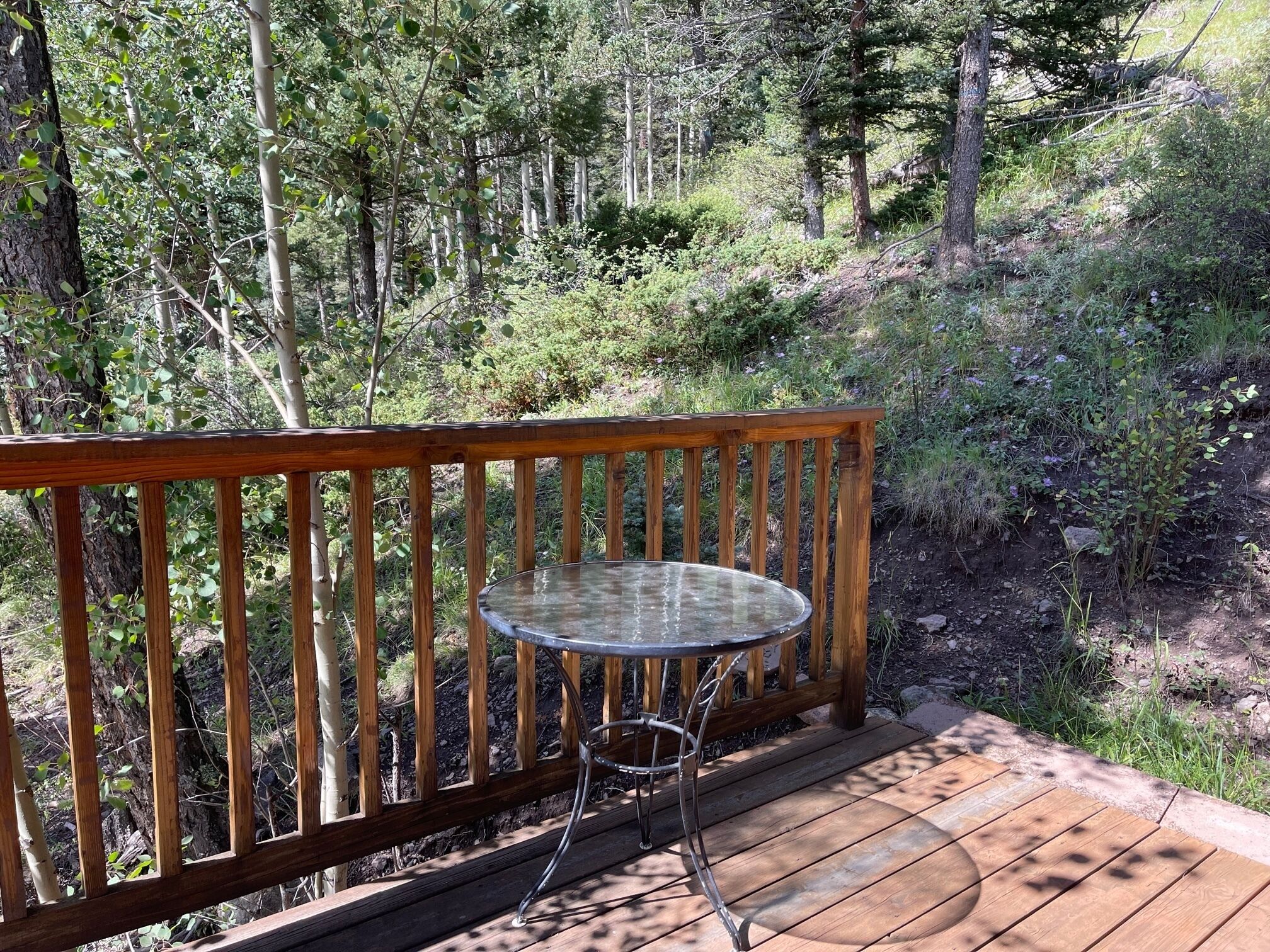 A wooden deck with a glass table and metal legs.