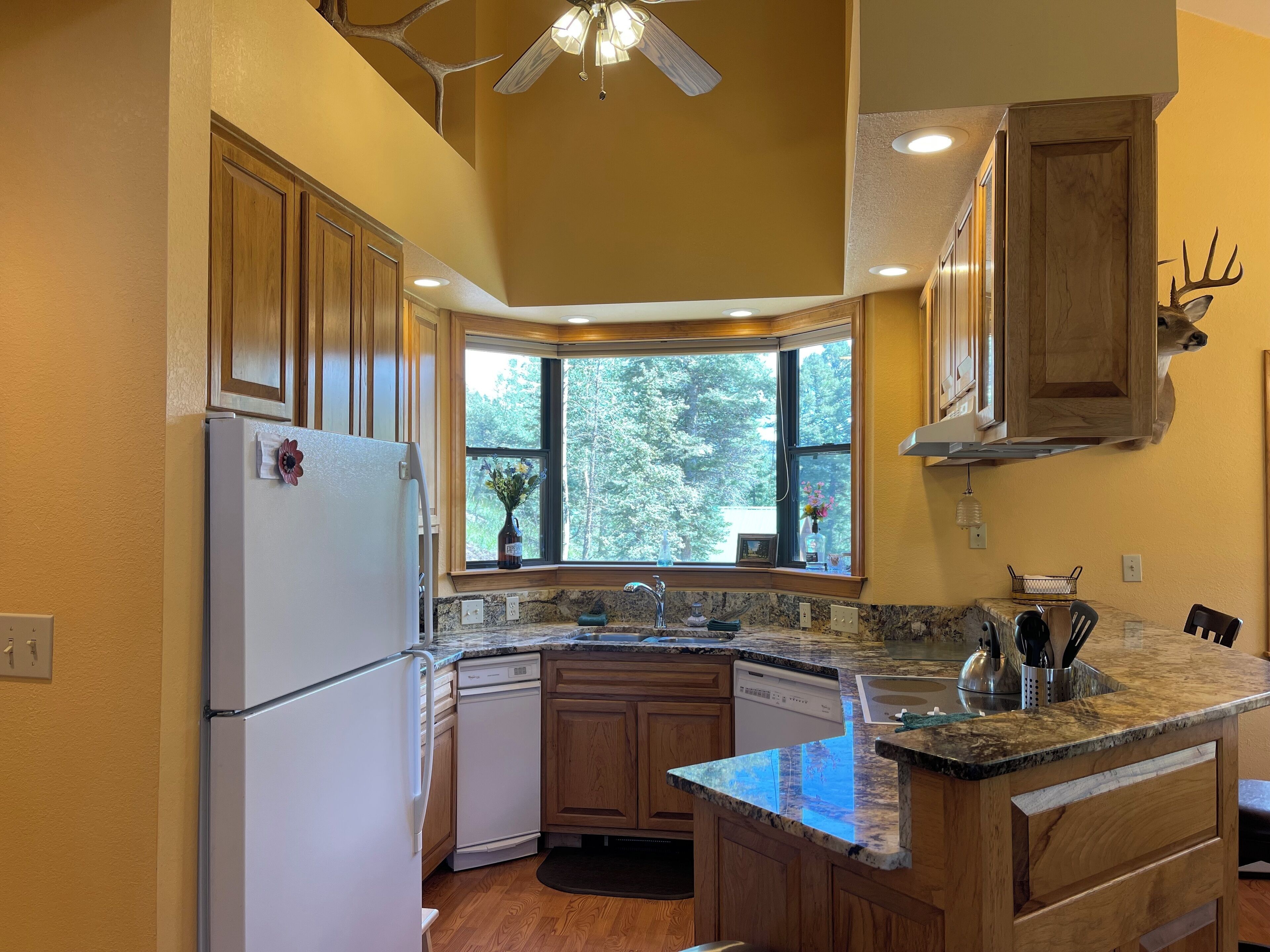 A kitchen with wooden cabinets, a built-in dishwasher, a granite countertop, and a window with a view of trees.