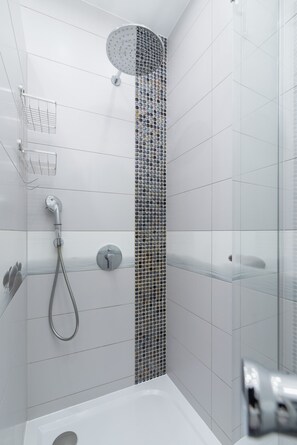 Dusche, Haartrockner, Handtücher, Shampoo