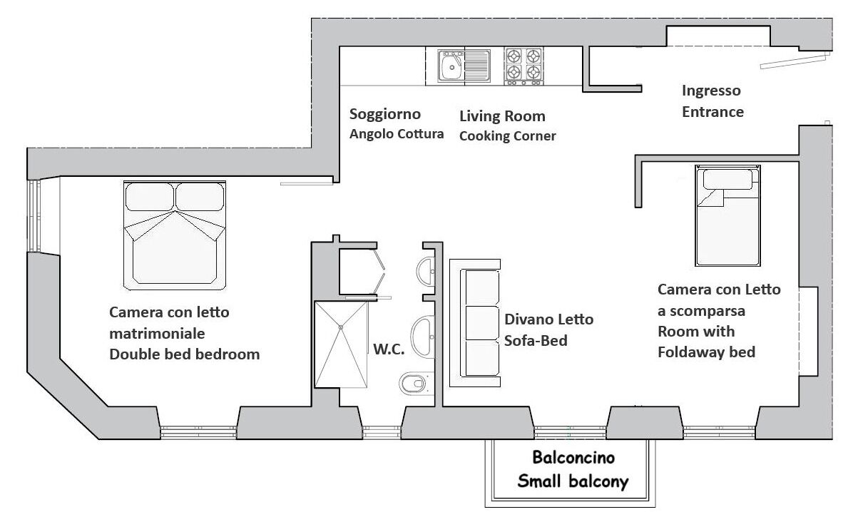 A floor plan of a hotel room with a double bed, a small balcony, a living room, a kitchen, and a bathroom.