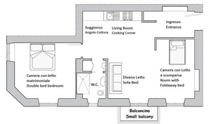 Plano de un cuarto de hotel con una cama doble, un balcón pequeño, una sala de estar, una cocina y un baño.
