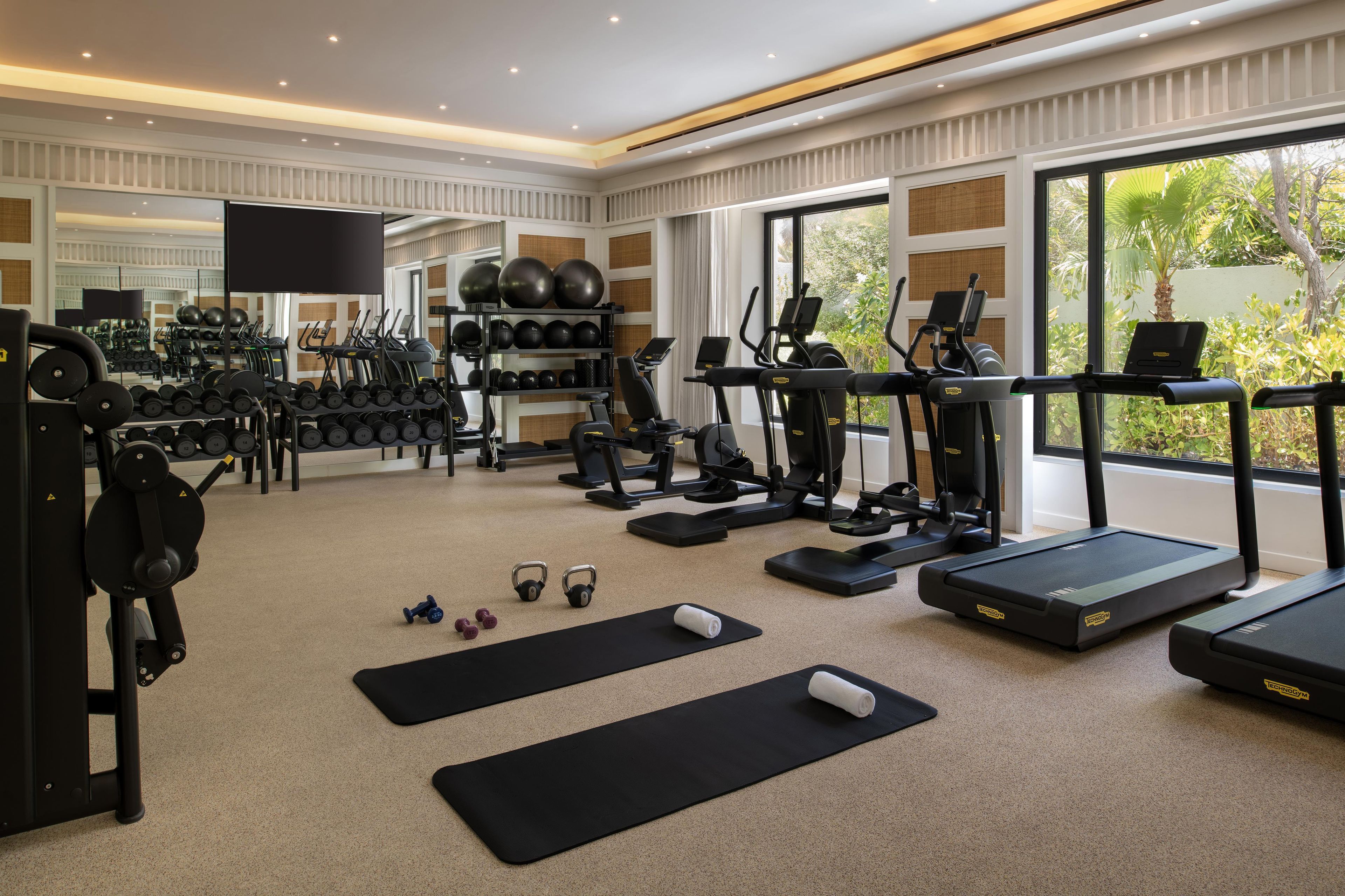 Un gimnasio con cintas de correr, elípticas, pesas libres y pelotas de ejercicio.