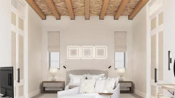 A bedroom with a bed, bedside tables, a TV, and a ceiling with wooden beams.