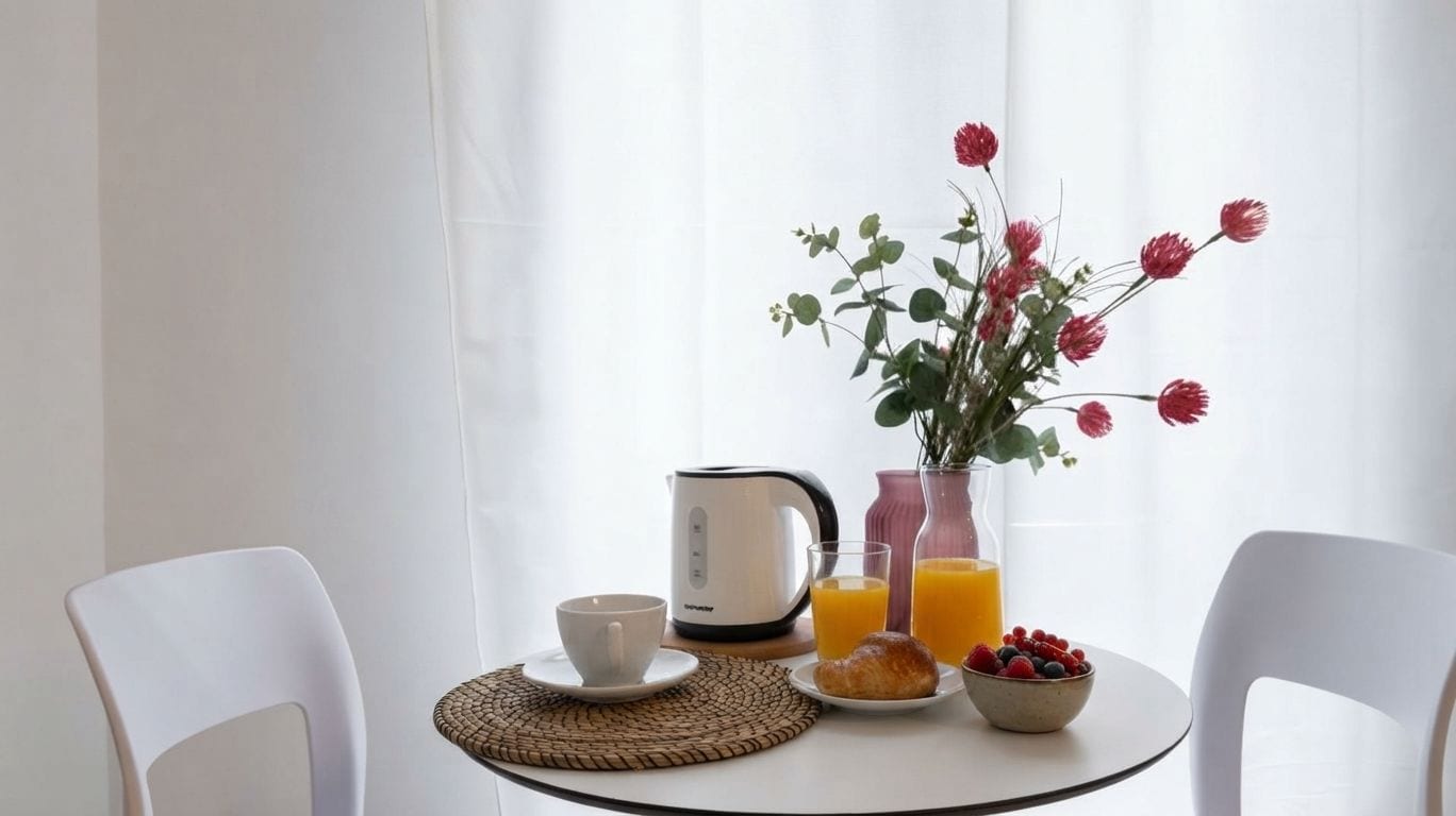 A breakfast setup with a white table, a coffee maker, a cup, a vase with flowers, and a bowl of fruit.
