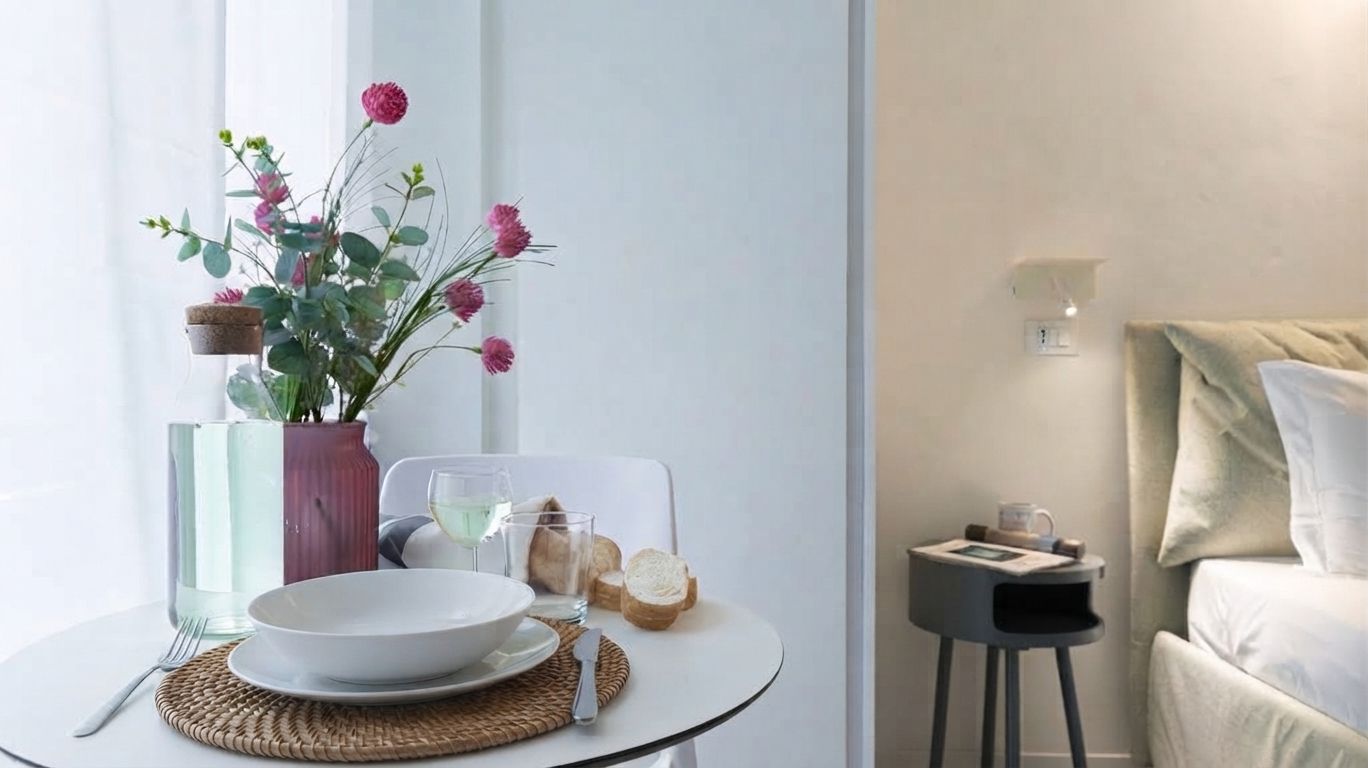 Una mesa de comedor con un tazón, un vaso y pan, un florero con flores, y un taburete pequeño con una taza.