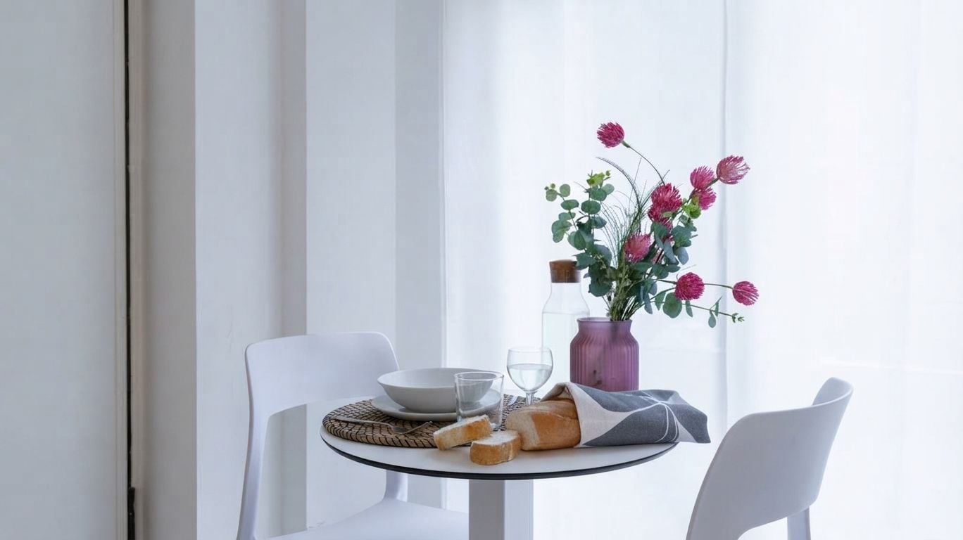 A dining table with a vase of flowers, a bowl, a glass, and bread.