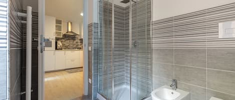 Regadera, secadora de cabello, bidet, toallas