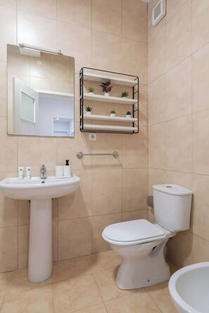 Combined shower/tub, hair dryer, towels, shampoo