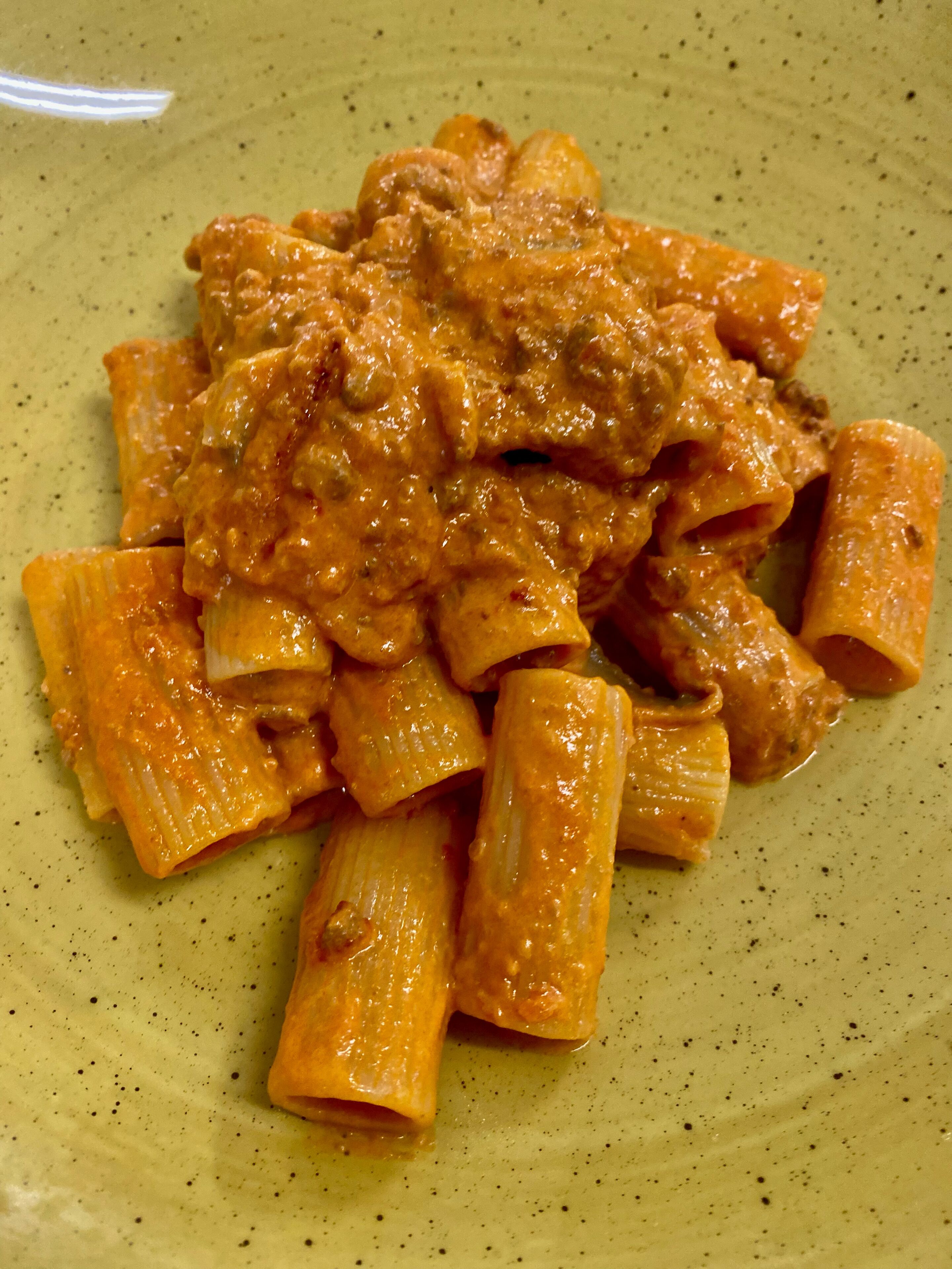 A plate of rigatoni pasta with a tomato-based sauce.