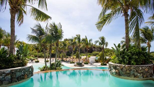 A pool surrounded by palm trees and lounge chairs, with a stone wall and a view of a rocky landscape. - Blue Bay - The Reef (Sint Michiel)