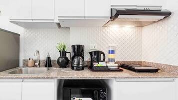 Fridge, microwave, stovetop, electric kettle