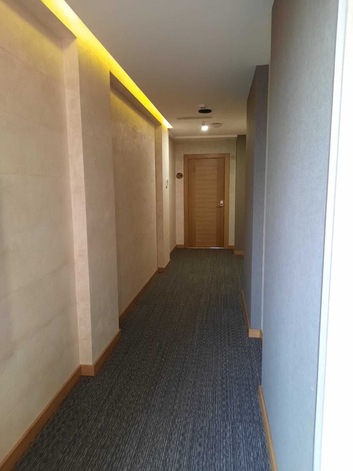 A hallway with carpeted floors and light-colored walls.