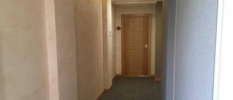 A hallway with carpeted floors and light-colored walls.