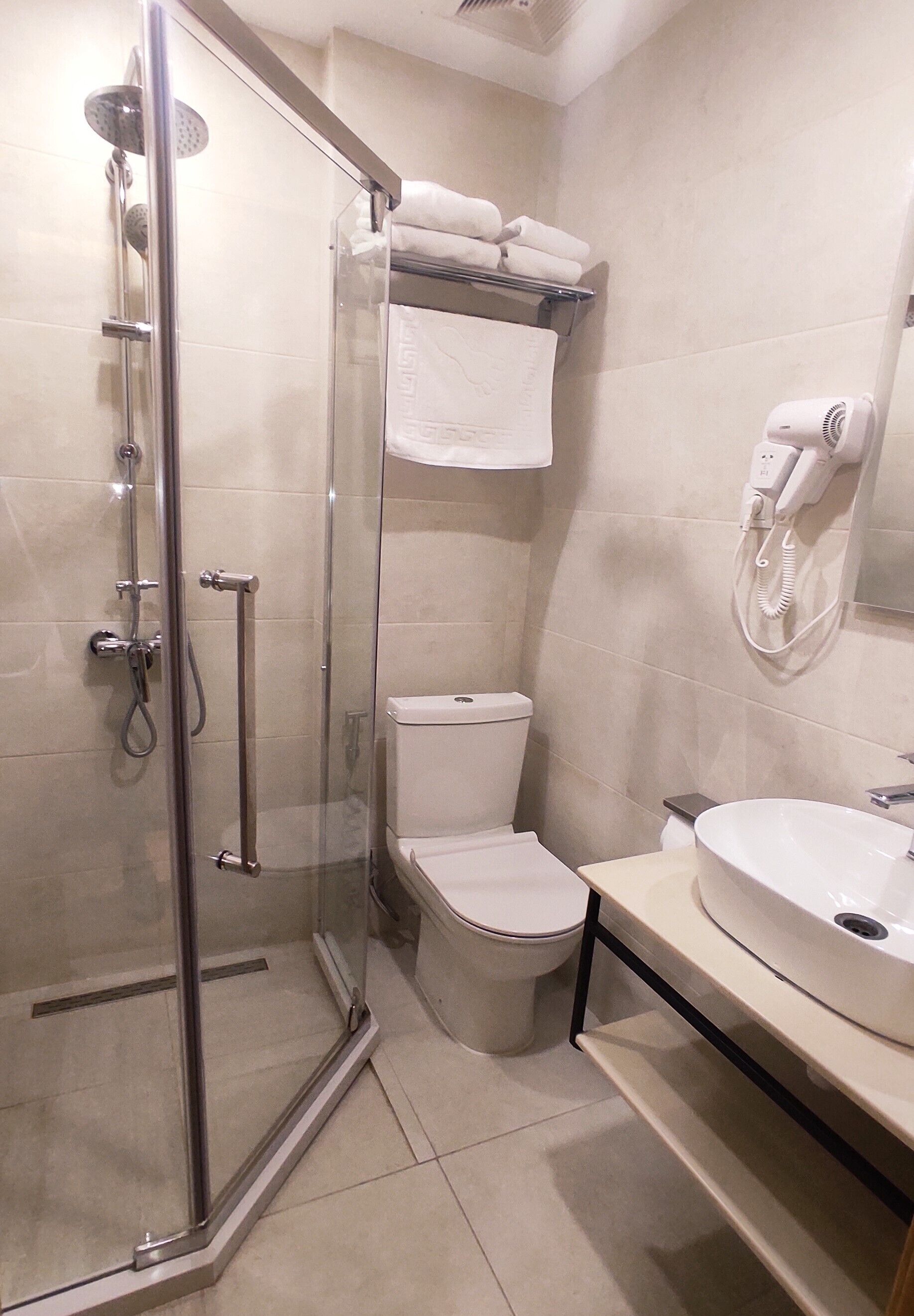 Baño con ducha envuelta en vidrio, inodoro y lavabo con espejo.