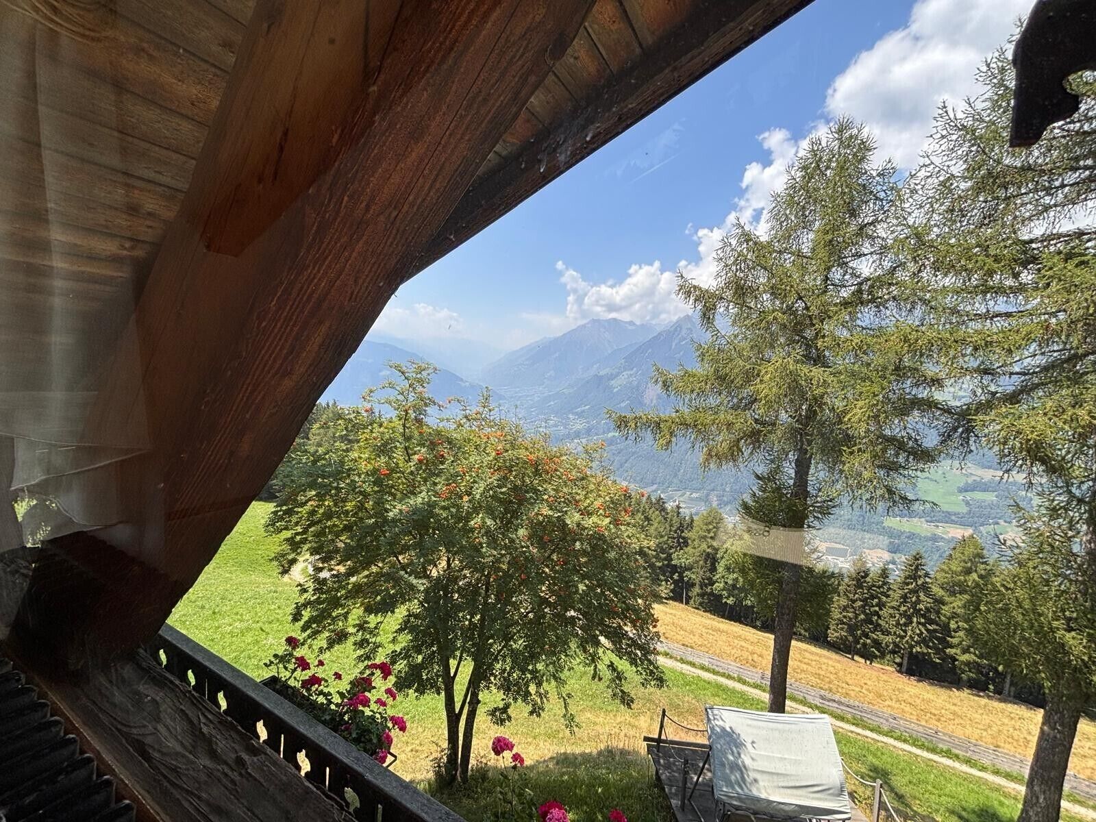 Un balcon en bois offrant une vue sur un paysage montagneux, un arbre et une zone herbeuse.