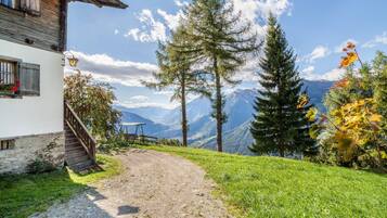 Eine Berghütte mit einem Feldweg, der zu einer Bank und einem Tisch führt, umgeben von Bäumen und Blick auf entfernte Berge.