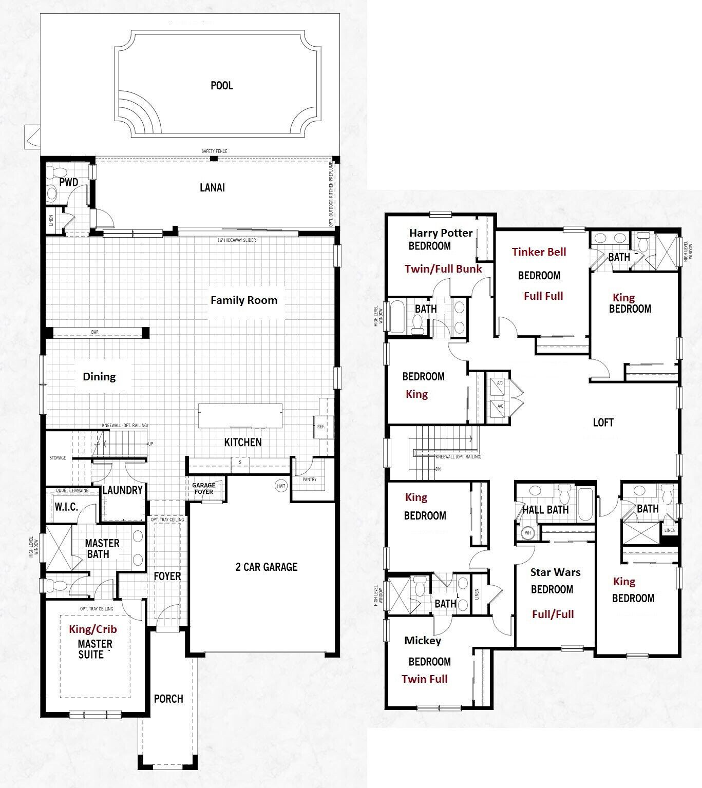 Een plattegrond van een huis met een garage voor twee auto's, een gezinskamer, een eetgedeelte, een keuken, een wasruimte en een masterbedroom.