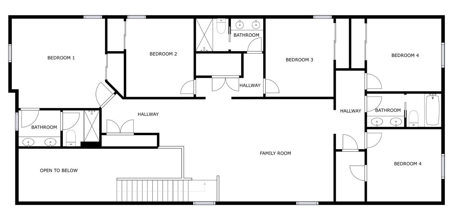 Een plattegrond met vier slaapkamers, twee badkamers, een gezinsruimte en twee gangen.