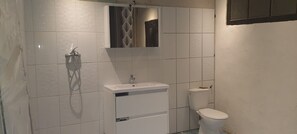 Bathroom features a sink, toilet, and mirror with a decorative frame.
