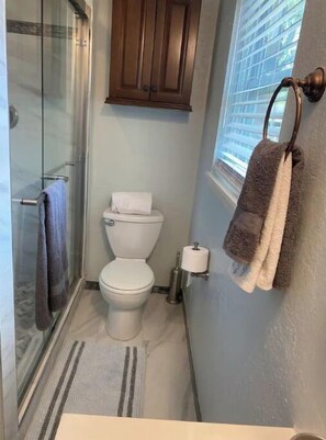 Bathtub, hair dryer, towels, soap