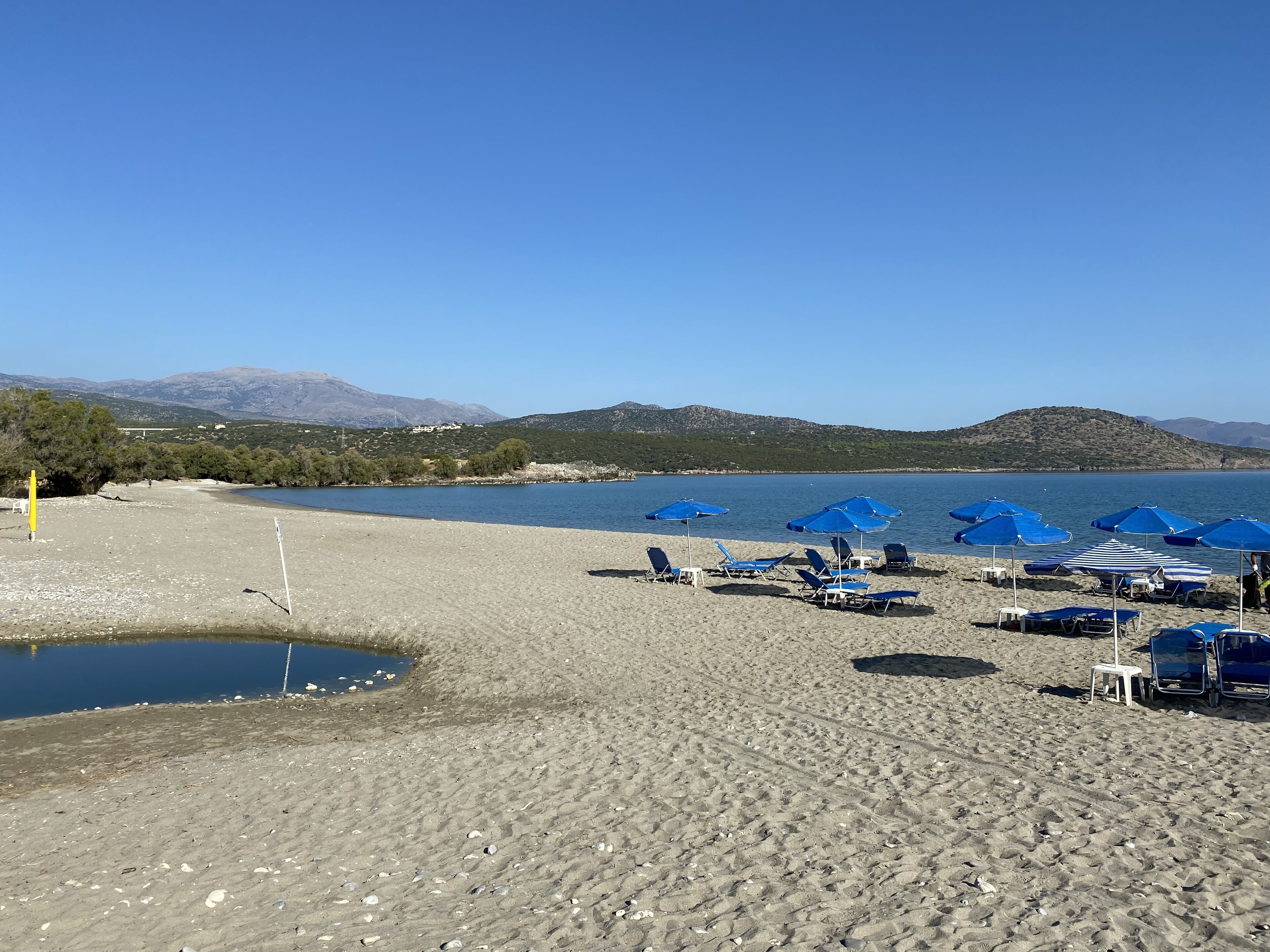 Ein Strand mit blauen Sonnenschirmen und Liegestühlen.