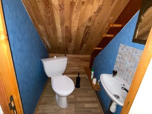 Een compacte badkamer met toilet, wastafel en houten plafond.
