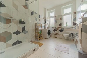Hair dryer, towels, soap, shampoo