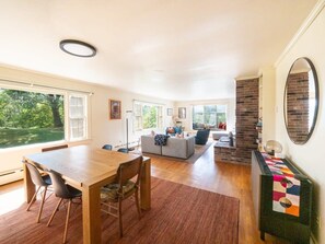 Televisio, takka, kirjoja, työhuone