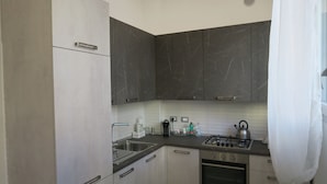 A compact kitchen with a gas stove, sink, and modern cabinetry.