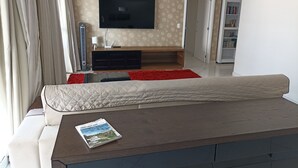 A modern living room with a sofa, a flat-screen TV, a bookshelf, and a red rug. - Gorgeous appartement in condominium club (São José dos Campos)