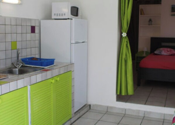 Eine kleine Küchenzeile mit Spüle, Mikrowelle und Kühlschrank. Ein grüner Vorhang bedeckt teilweise ein Fenster.