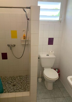 Een douche, een haardroger, handdoeken, toiletpapier