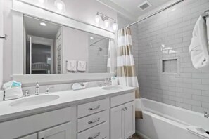 Hair dryer, towels, soap, shampoo