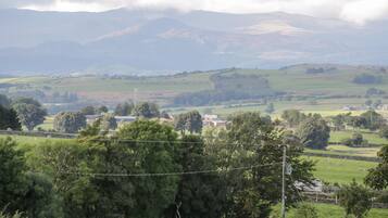 A rural landscape with rolling hills, scattered trees, and a few buildings in the distance.