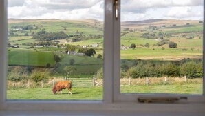 Un paysage rural caractérisé par des collines douces, des maisons éparpillées et une vache qui broute dans un champ.