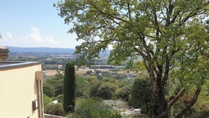 Una terraza con vistas a un viñedo y colinas lejanas.