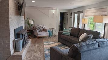 Smart TV, fireplace, books