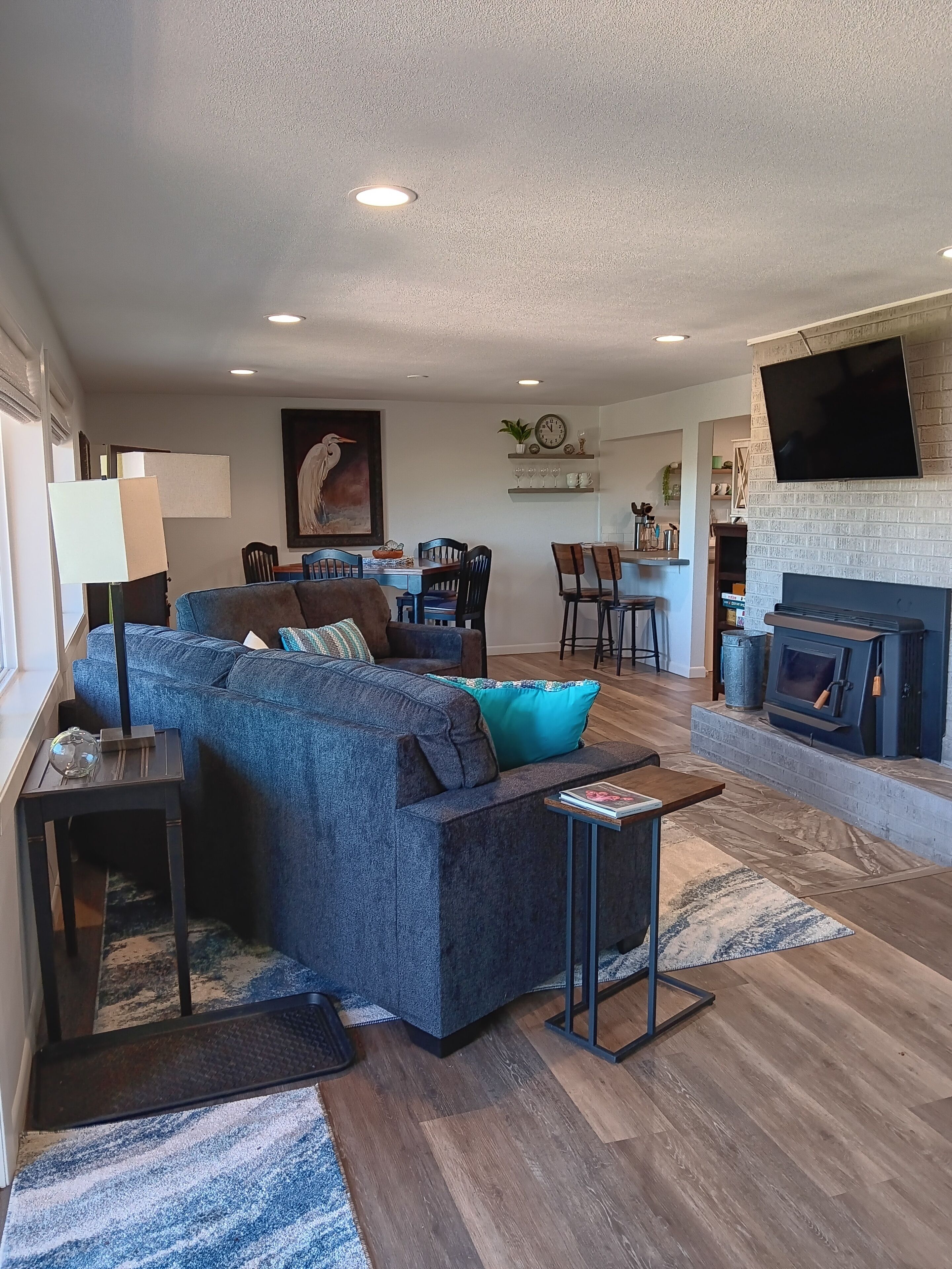 Smart TV, fireplace, books