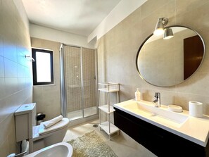 Shower, hair dryer, towels