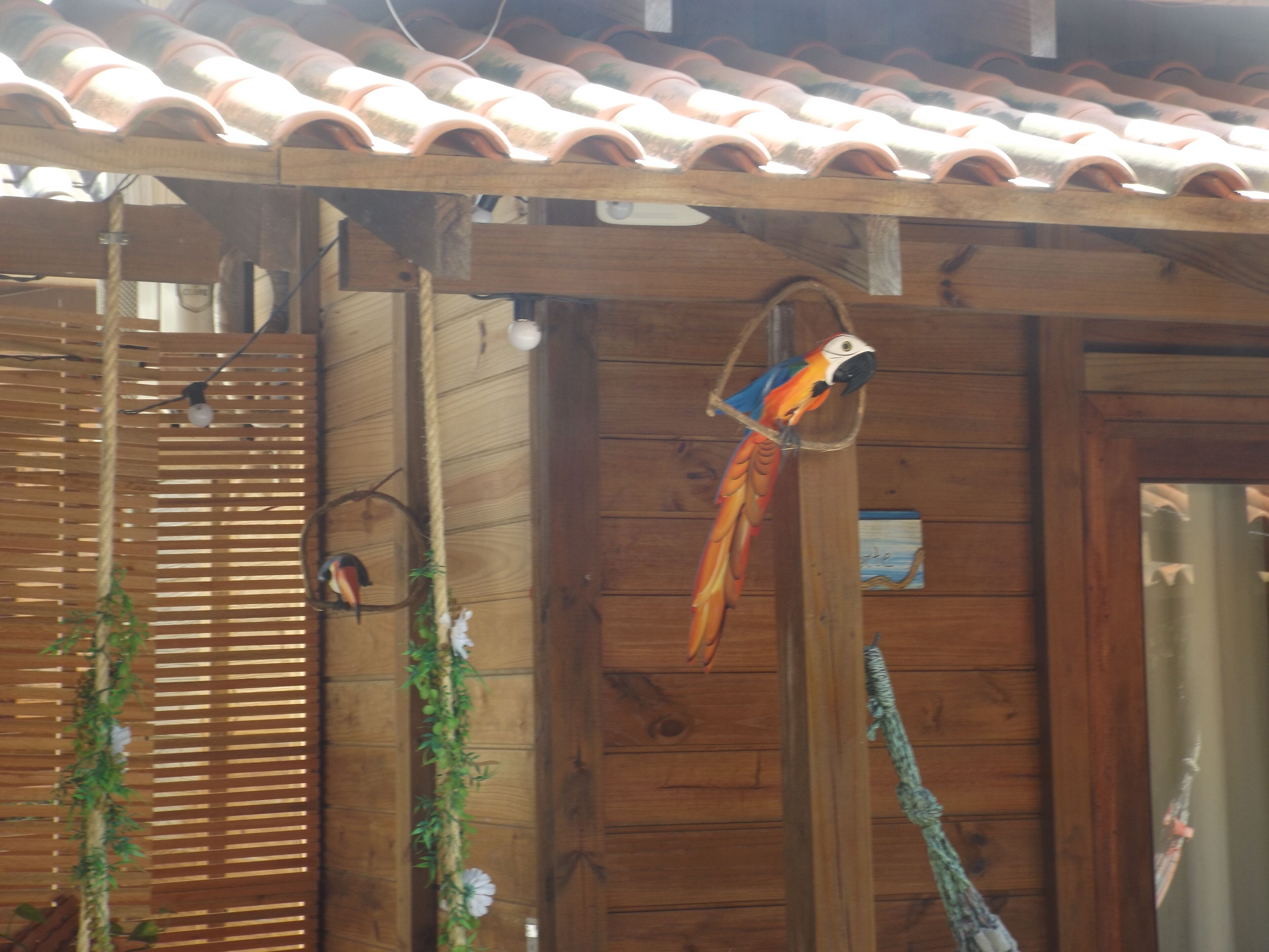 A wooden structure with a tiled roof, a hanging birdcage, and a wooden slatted door.