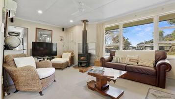 Una televisión, una chimenea