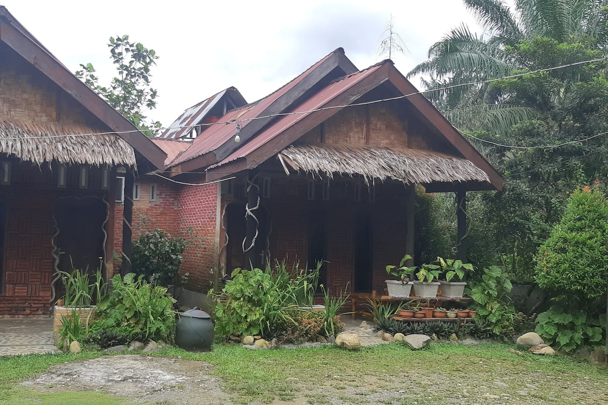 Een traditioneel houten huis met rieten dak, omgeven door weelderige begroeiing en potplanten.