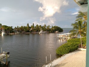 A marina with boats docked, a sandy beach, and a backdrop of palm trees and houses.