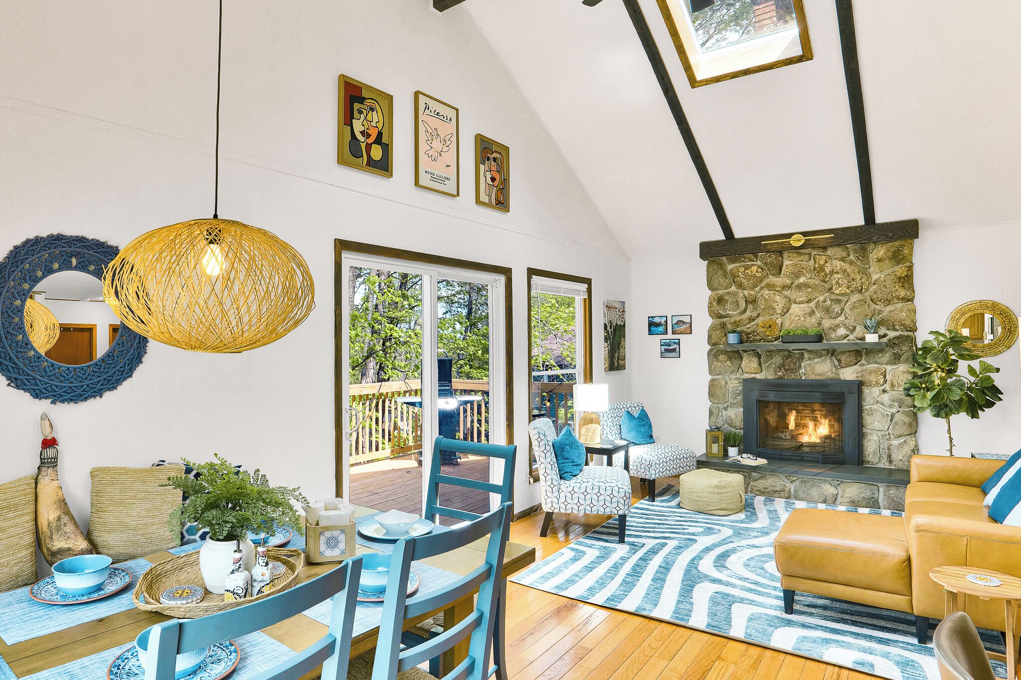 Smart TV, fireplace, books, music library