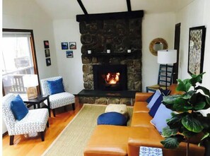 Smart TV, fireplace, books, music library