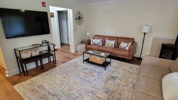 Smart TV, fireplace, books