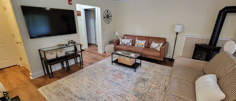 Smart TV, fireplace, books