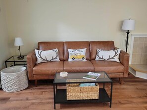 Smart TV, fireplace, books