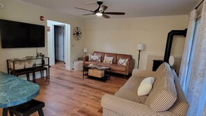 Smart TV, fireplace, books